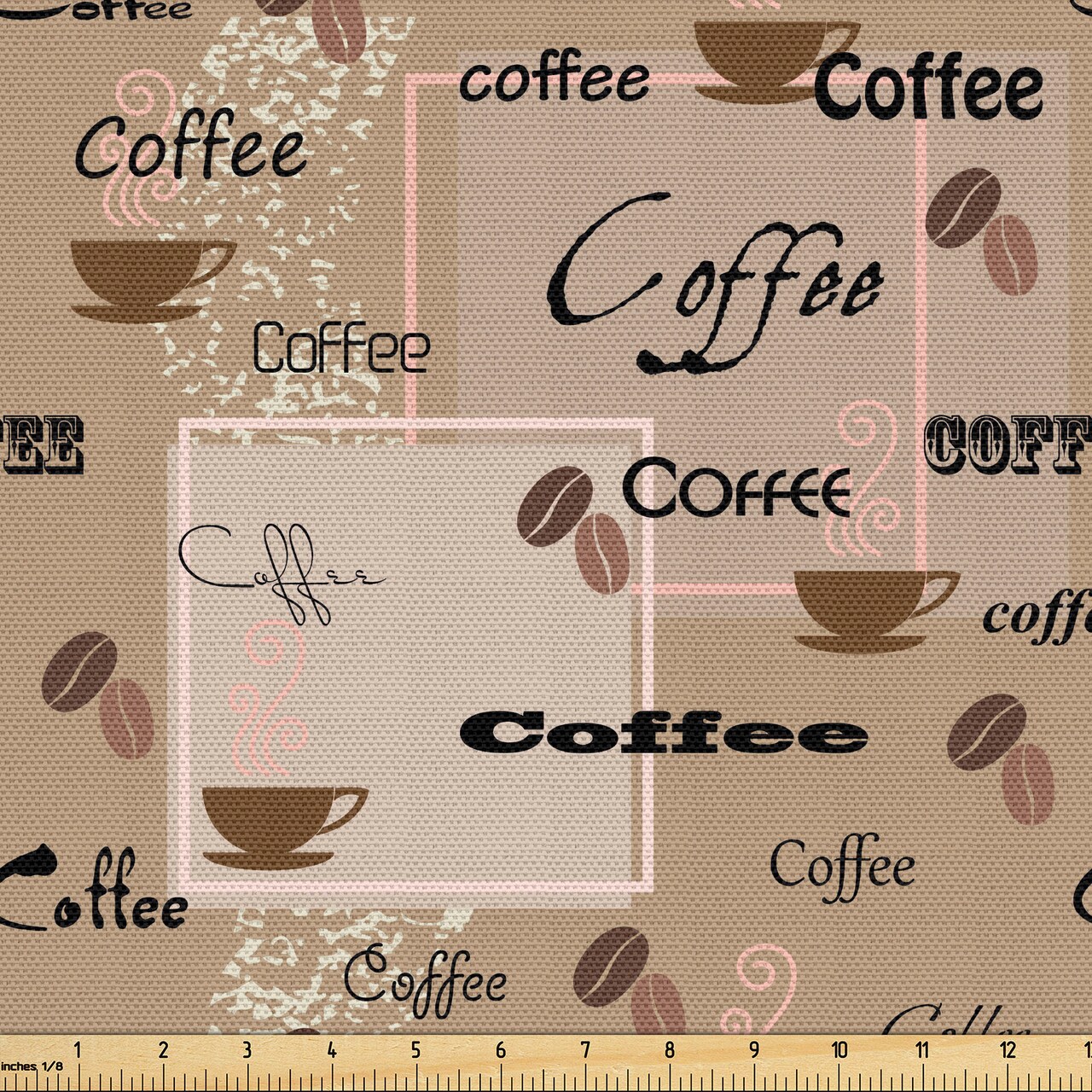 Ambesonne Coffee Fabric by The Yard, Coffee Words Different Typographies Beans Cups on Abstract Vintage Backdrop, Decorative Fabric for Upholstery and Home Accents, 10 Yards, Black Brown